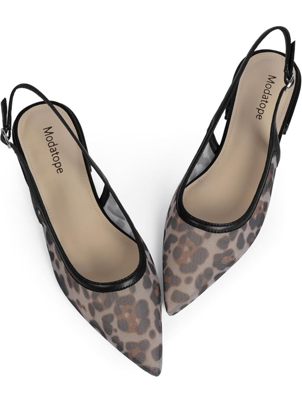 Women's Leopard Mesh Slingback Flats Pointed Toe Classic Sandals Buckle Shoes